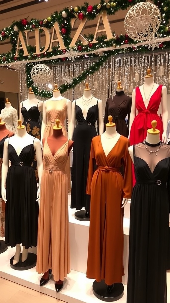 A collection of stylish Christmas party outfits from Zara, including dresses, jumpsuits, and accessories, displayed in a festive environment.
